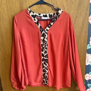 Main Strip Coral Blouse with Leopard Accent
